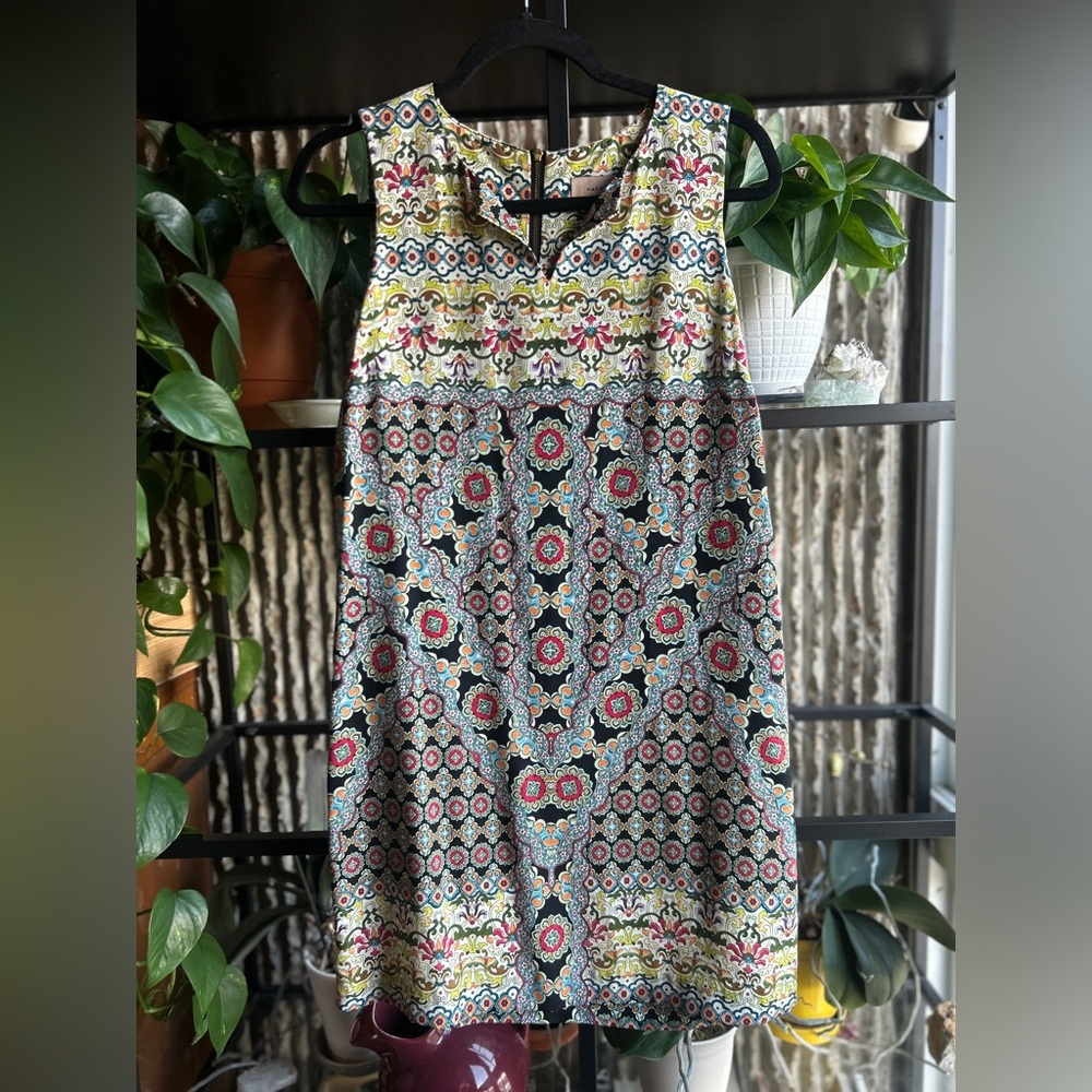 Kachel Anthropologie Barcelona Swing Dress Multicolor Geometric Silk Size 2